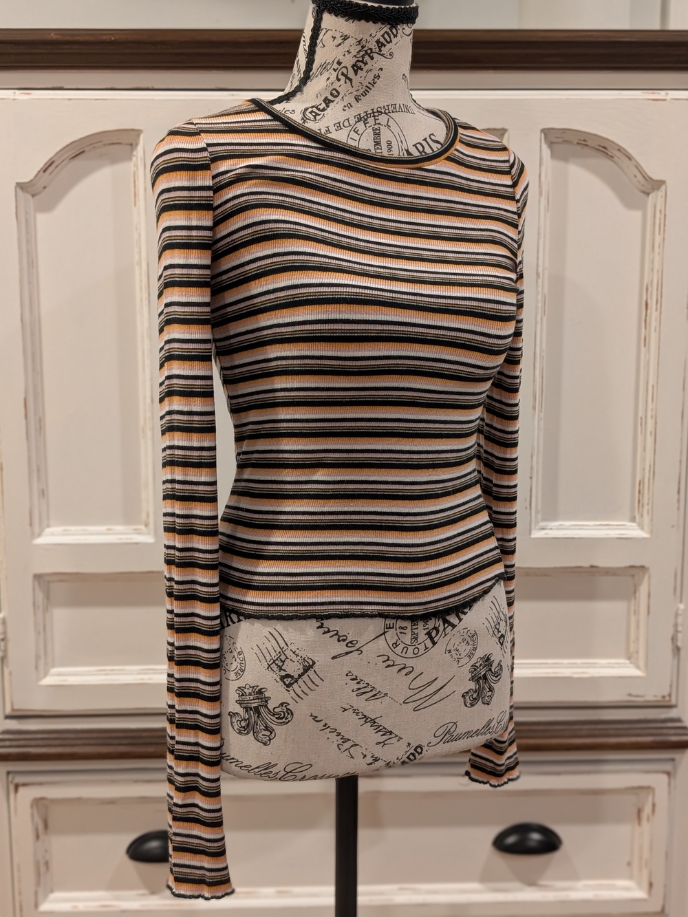 Garage Striped Long-Sleeve Ribbed Top in Black, Cream & Tan
